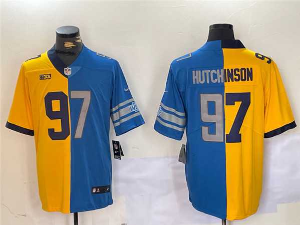 Men%27s Detroit Lions #97 Aidan Hutchinson Yellow Blue Split Vapor Limited Stitched Jersey Dzhi